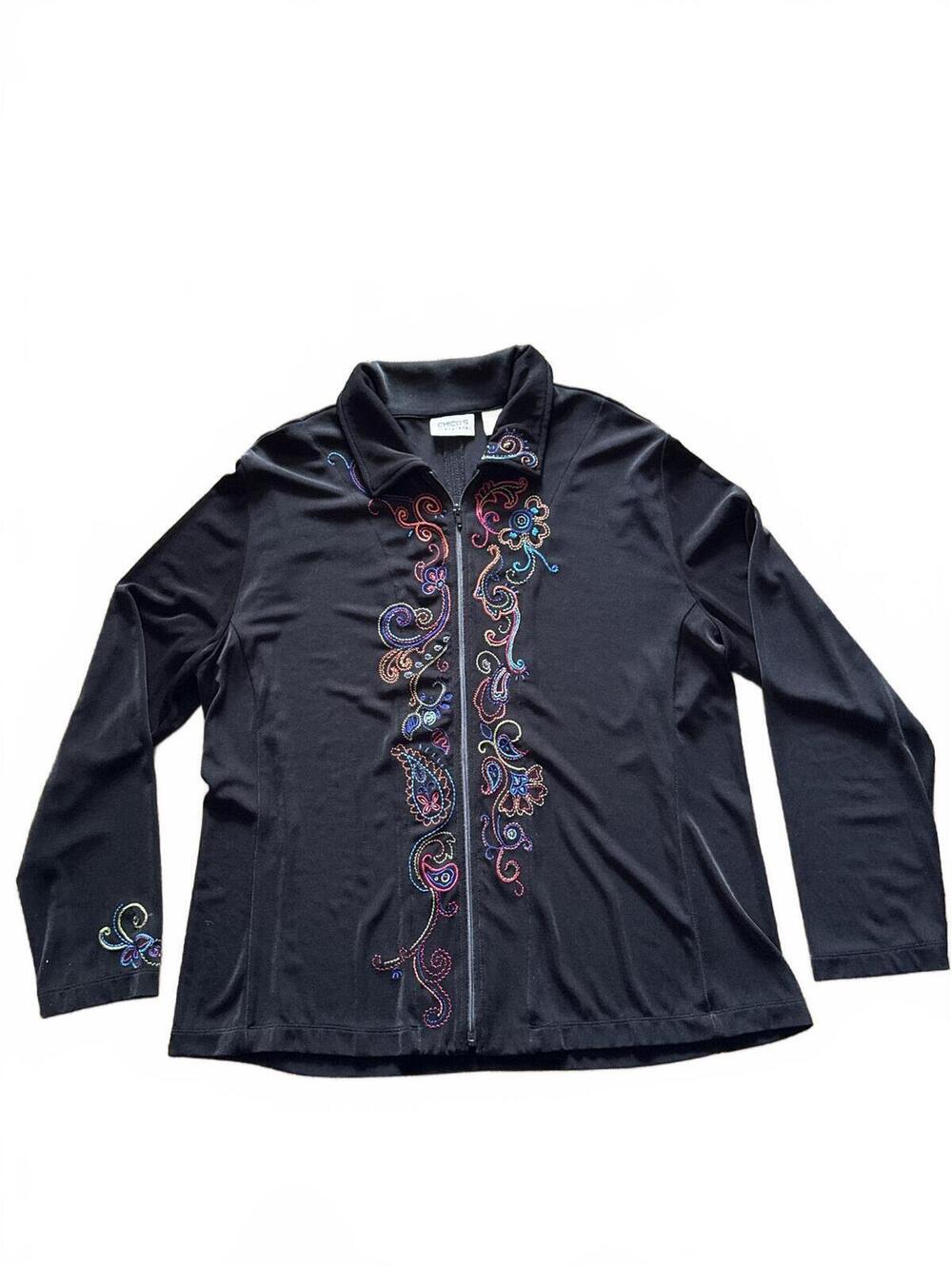 Chico's Travelers Black Long Sleeve Embroidered Zip-Up Jacket